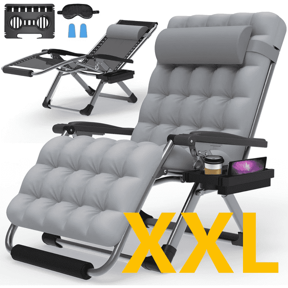 PNKKODW 33" XXL Zero Gravity Chair, Lounge with Removable Cushion & Headrest, Reclining Camping Chair with Upgraded Lock, Footrest, for Indoor/Outdoor, Gray