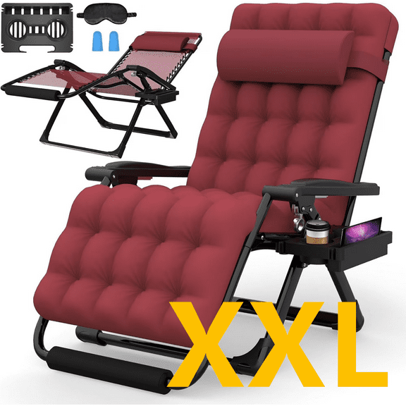 PNKKODW 33" XXL Zero Gravity Chair, Reclining Lounge with Removable Cushion & Headrest, Upgraded Lock, Footrest, for Indoor/Outdoor, Wine Red