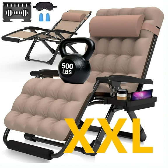 PNKKODW 33" XXL Zero Gravity Chair, Reclining Lounge with Removable Cushion & Headrest, Upgraded Lock, Footrest, for Indoor/Outdoor, Khaki