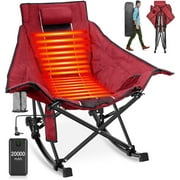 PNKKODW XL Oversized Heated Rocking Camping Chair, 3 Heat Levels, W/20,000mAh Power Bank, Outdoor Sports Patio Lawn Picnic Travel, Wine Red