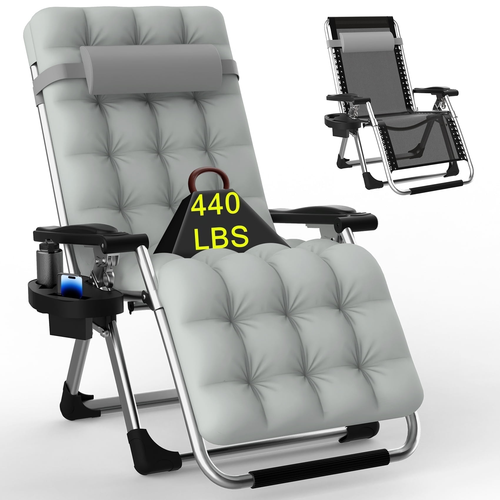 PNKKODW Zero Gravity Chair w/Removable Cushion & Cup Holder, Reclining Camping Lounge Chair, Adjustable Lock, Indoor/Outdoor Use, Gray