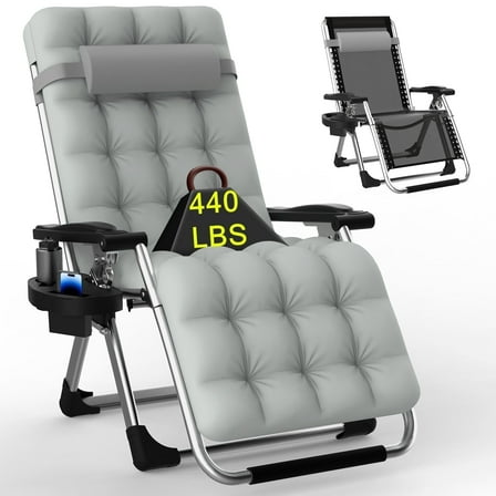 PNKKODW Zero Gravity Chair with Upgraded Alloy Steel Lock Removable Cushion Cup Holder, 440lbs Capcity Folding Patio Recline Lawn Chair for Indoor/Outdoor Use, Gray
