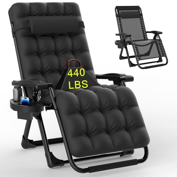 PNKKODW Zero Gravity Chair with Upgraded Alloy Steel Lock Removable Cushion Cup Holder, 440lbs Capcity Folding Patio Recline Lawn Chair for Indoor/Outdoor Use,Black