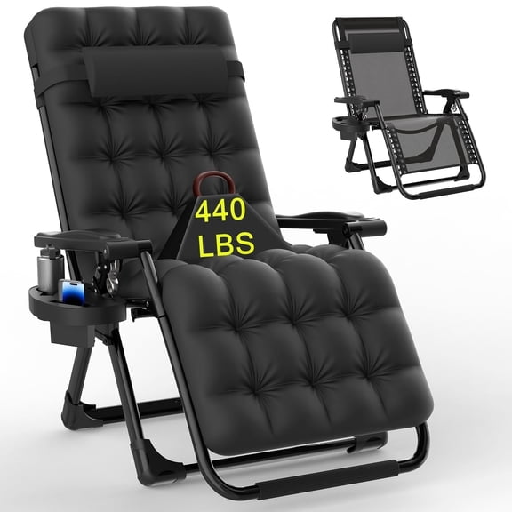 PNKKODW Zero Gravity Chair with Upgraded Alloy Steel Lock Removable Cushion Cup Holder, 440lbs Capcity Folding Patio Recline Lawn Chair for Indoor/Outdoor Use,Black