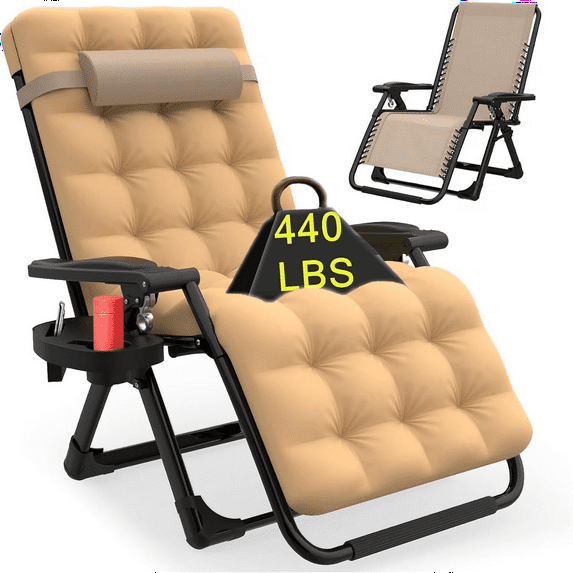 PNKKODW Zero Gravity Chair with Upgraded Alloy Steel Lock Removable Cushion Cup Holder, 440lbs Capcity Folding Patio Recline Lawn Chair for Indoor/Outdoor Use,Beige