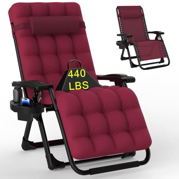 PNKKODW Zero Gravity Chair with Upgraded Alloy Steel Lock Removable Cushion Cup Holder, 440lbs Capcity Folding Patio Recline Lawn Chair for Indoor/Outdoor Use,Claret
