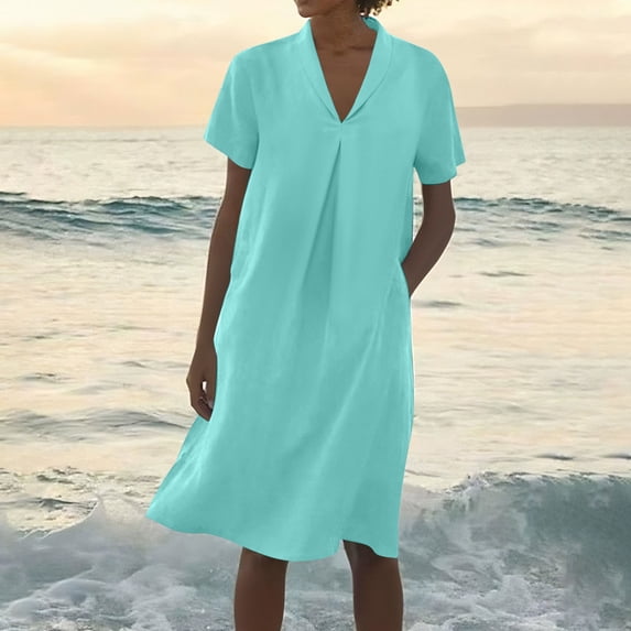 PNTUTB 2026 Summer Women's Dress: Solid-Color Casual Breathable Loose Comfortable V-Neck Short-Sleeve Dress with Pockets