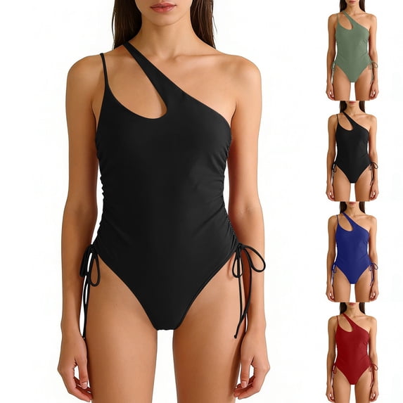 PNTUTB 2026 Summer Women's Swimwear Backless Bikini Bathing Suit Side Drawstrings Solid-Color Asymmetrical One-Shoulder One-Piece Swimsuit