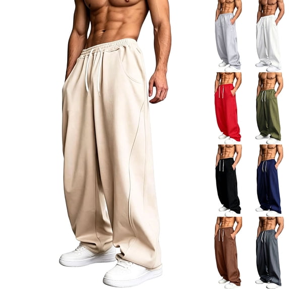 PNTUTB Athletic Pants for Mens Baggy Sweatpants Solid Color Loose Drawstring Lounge Wear Gym Workout Casual Wide Leg Joggers with Pockets