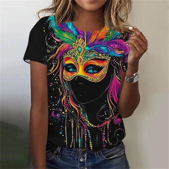 PNTUTB Carnival Women's Fashion Print Relaxed Short Sleeve Comfortable and Casual Crew Neck Design T Shirts