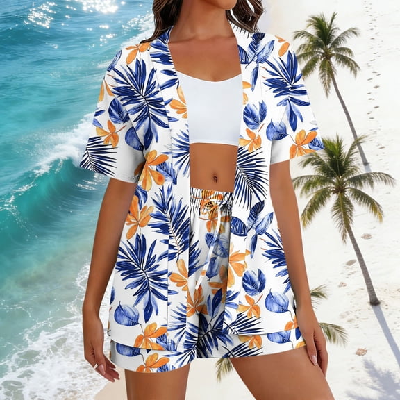 PNTUTB Casual Beach Resort Women's Fashion Print Loose Short Sleeve Cardigan with Elastic Waist Drawstring Shorts Set