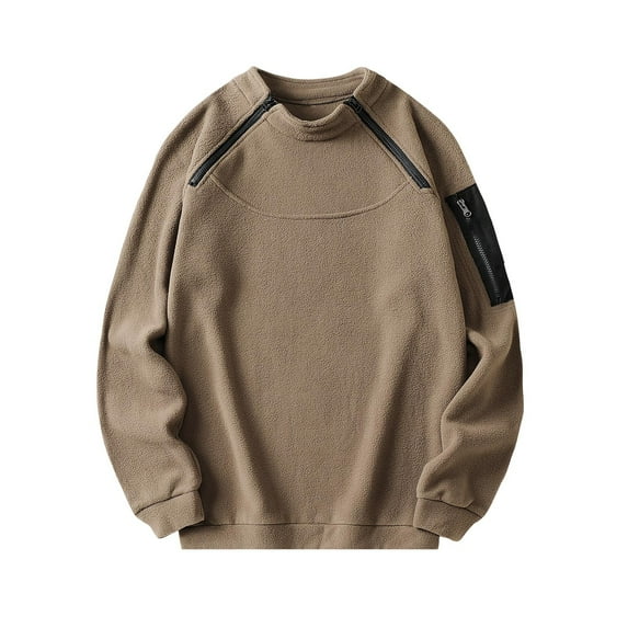 PNTUTB Fall Winter Warm Men's Casual Minimalist Solid Color Crew Neck Zipper Long Sleeve Loose Comfortable Tops