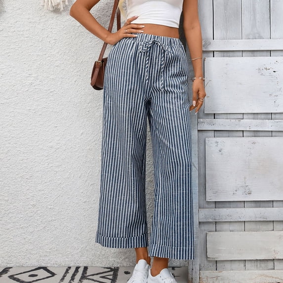 PNTUTB Fashion Casual Women's Striped High Waisted Drawstring Loose Comfortable Straight Leg Pants with Pockets