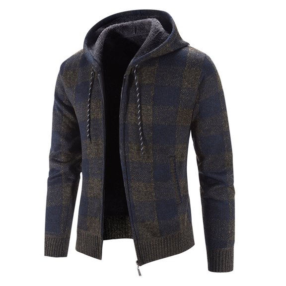 PNTUTB Fashion Checkered Coat for Men's Full Zip Casual Warm Drawstring Hooded Comfort Coat with Pockets