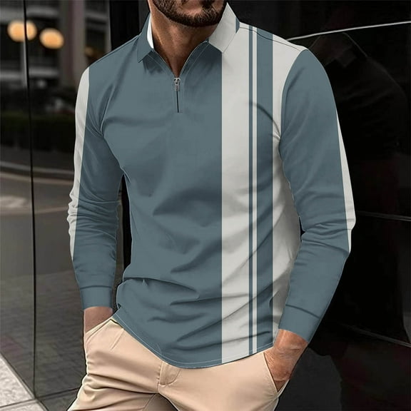 PNTUTB Fashion Classic Men's Color-blocking Long Sleeve Shirt Zipper Down Lapel Collared Casual Loose Blouses