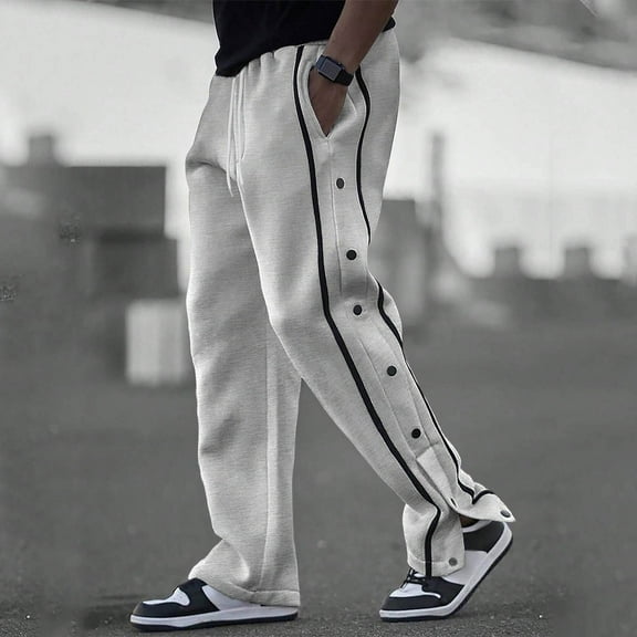 PNTUTB Fashion Men's Color-blocked Elastic Drawstring Waist Casual Loose Side Button Hem Closure Pants with Pockets