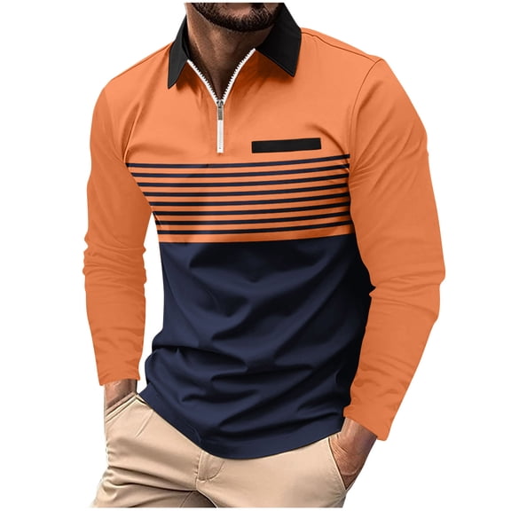 PNTUTB Fashion Men's Color-blocked Zipper Lapel Pullover Shirts Casual Loose Comfortable Long Sleeve Blouses