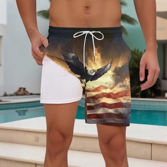 PNTUTB Fashion Men's Printed Elastic Drawstring Casual Double Layer Comfort Beach Shorts with Pockets