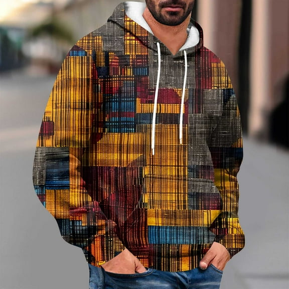 PNTUTB Fashion Men's Retro Patchwork Drop Shoulder Long Sleeve Pullover Hoodie Drawstring Casual Sweatshirt with Kangaroo Pocket