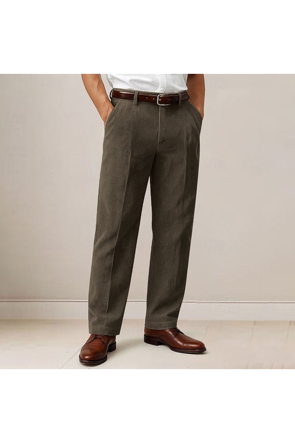 Fashion Men's Solid Color Corduroy Casual Comfortable Button Fly Zipper Suit Pants with Pockets
