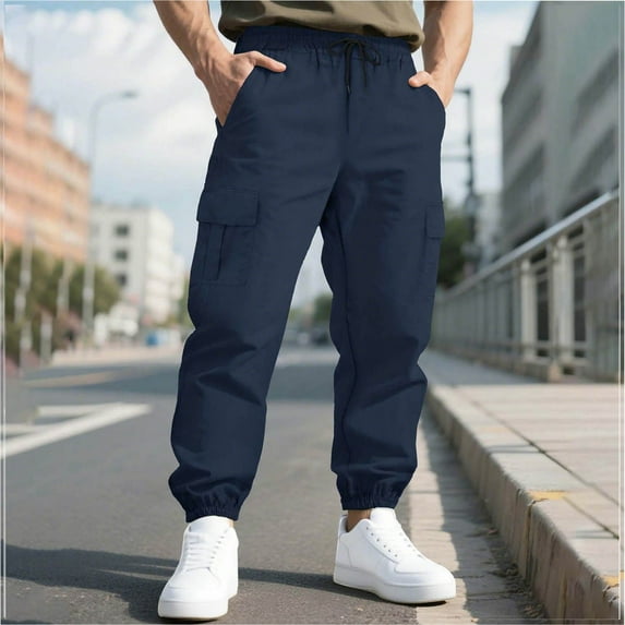 PNTUTB Fashion Men's Solid Color Elastic Wais Drawstring Loose Comfort Elastic Cuffs Casual Pants with Multiple Pockets