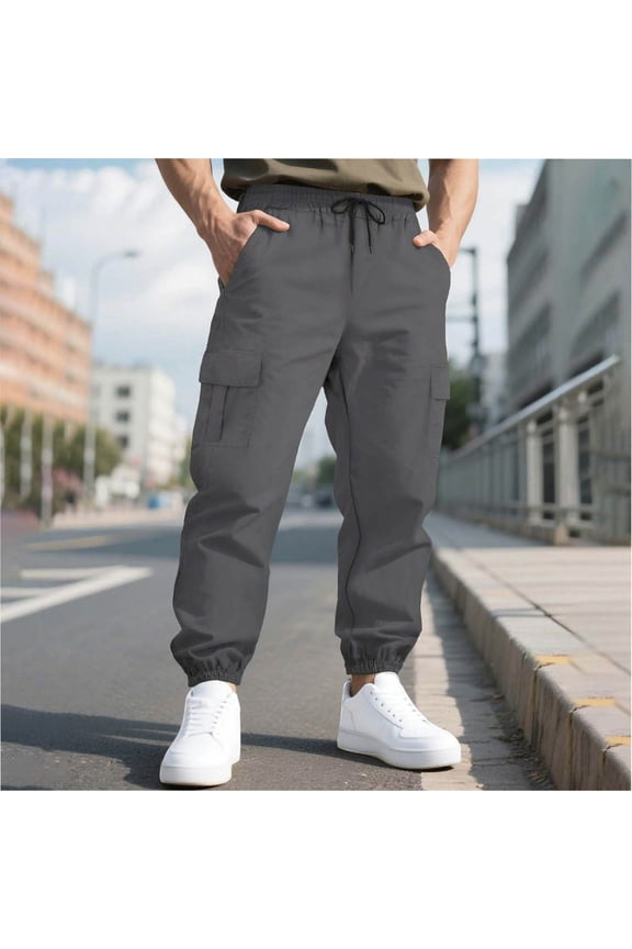 Fashion Men's Solid Color Elastic Wais Drawstring Loose Comfort Elastic Cuffs Casual Pants with Multiple Pockets