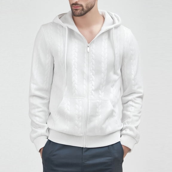 PNTUTB Fashion Men's Solid Color Jacquard Long Sleeve Full Zip Hooded Drawstring Comfort Coat with Pockets