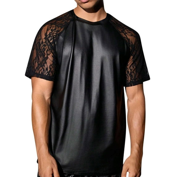 PNTUTB Fashion Men's Solid Color Lace Trimmed Patchwork Casual Crew Neck Comfortable Short Sleeve Pullover Tops