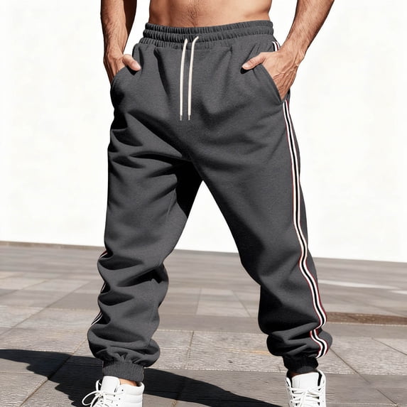 PNTUTB Fashion Men's Solid Color Striped Casual Outdoor Comfort Elastic Waist Drawstring Work Pants with Pockets