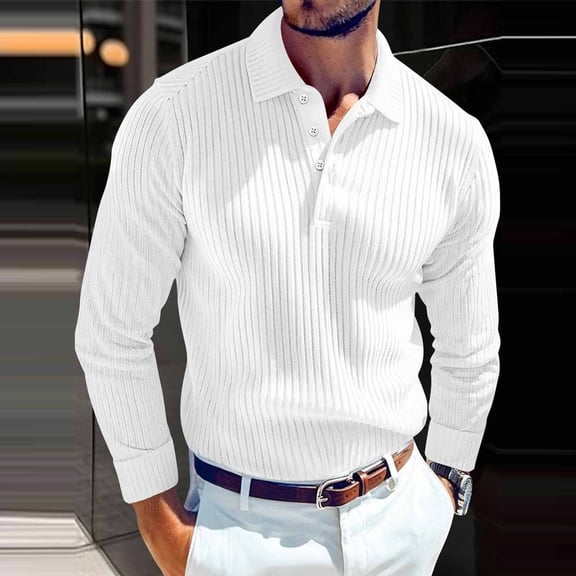 PNTUTB Fashion Men's Solid Color Vertical Stripes Textures Button Lapel Collar Long Sleeve Casual Loose Blouses