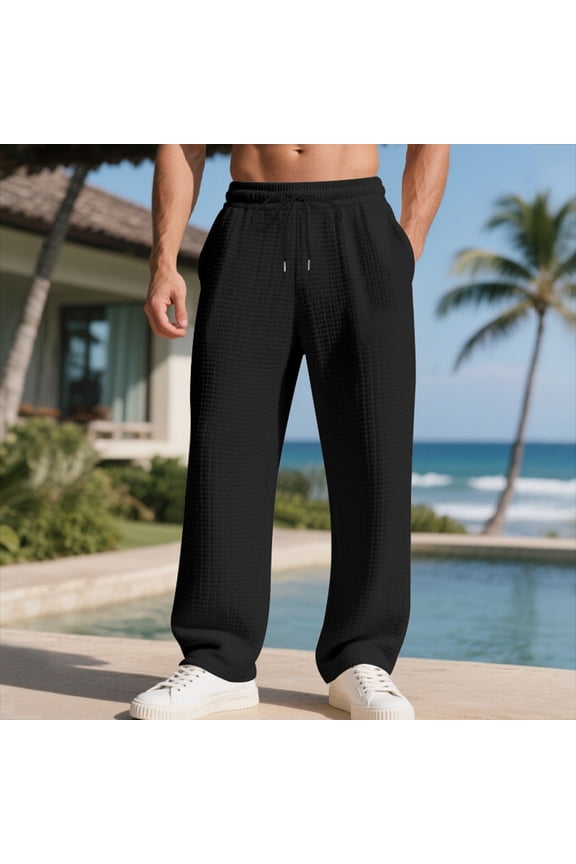 Fashion Men's Solid Color Waffle Weave Casual Loose Elastic Drawstring Waist Comfort Straight Leg Pants with Pockets