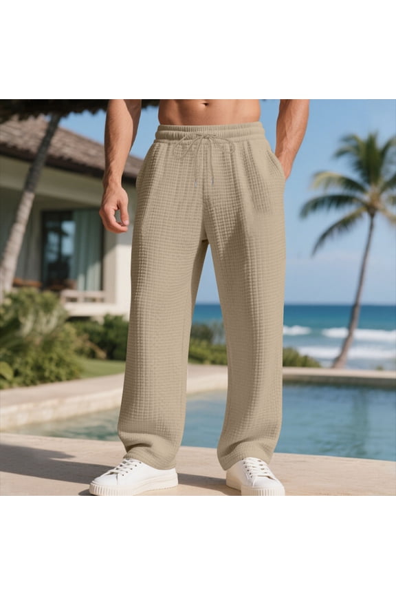 Fashion Men's Solid Color Waffle Weave Casual Loose Elastic Drawstring Waist Comfort Straight Leg Pants with Pockets