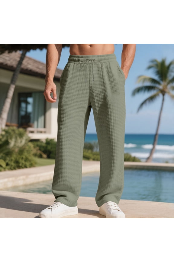 Fashion Men's Solid Color Waffle Weave Casual Loose Elastic Drawstring Waist Comfort Straight Leg Pants with Pockets