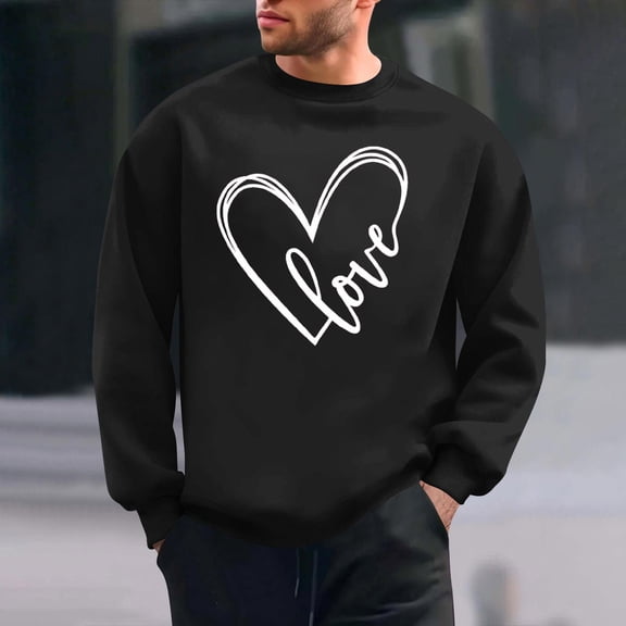 PNTUTB Fashion Men's Valentine's Day Heart Printed Casual Long Sleeved Round Neck Hoodless Pullover Sweatshirts