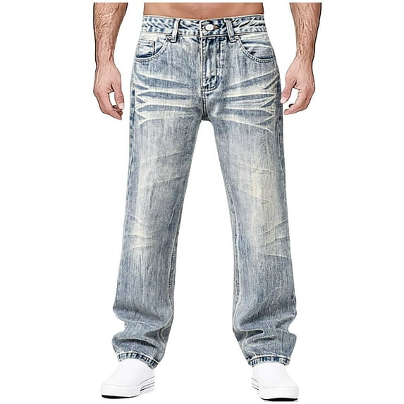 PNTUTB Fashion Men's Washed Solid Color Button Zipper Casual Comfortable Slightly Flared Jeans with Pockets