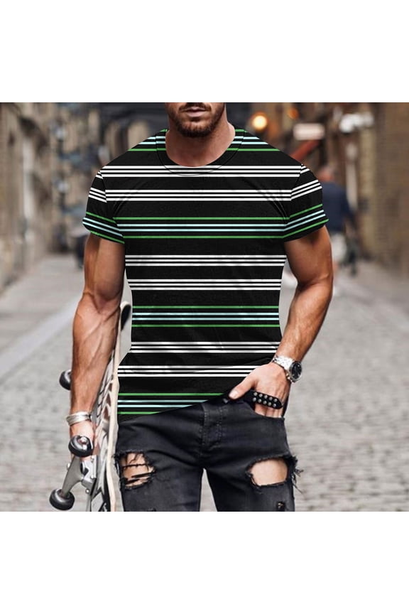 Fashion Mens Stripes Versatile Basic Short Sleeve Crew Neck Everyday Casual Comfort T Shirts