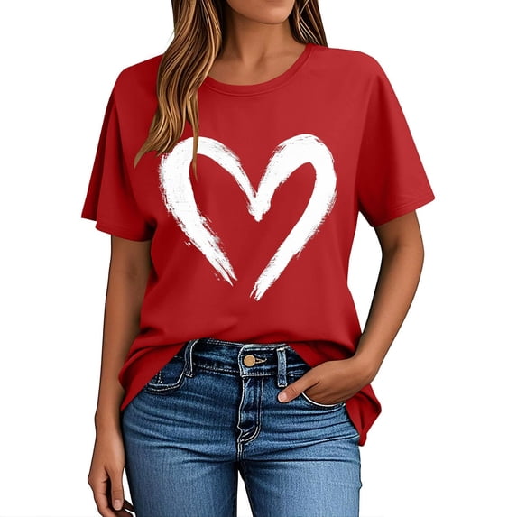 PNTUTB Fashion Valentine's Day Women's Heart Print Crew Neck Casual Loose Comfortable Short Sleeve T Shirts