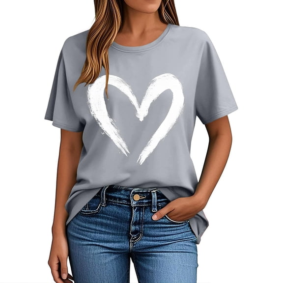 PNTUTB Fashion Valentine's Day Women's Heart Print Crew Neck Casual Loose Comfortable Short Sleeve T Shirts