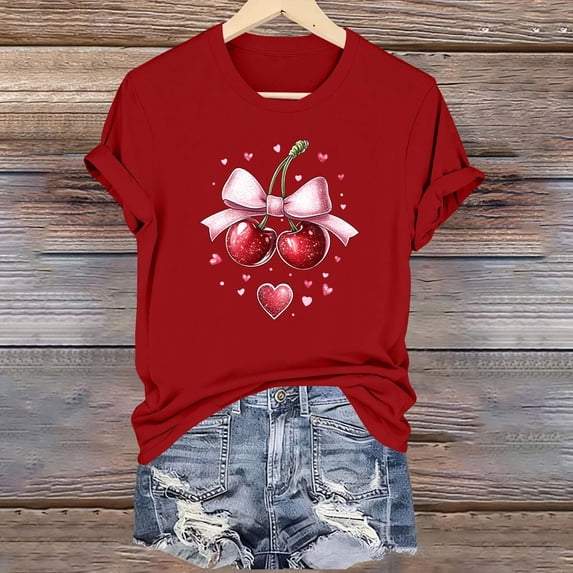 PNTUTB Fashion Versatile Women's Valentine's Day Print Casual Crew Neck Short Sleeve Comfort Loose T Shirt