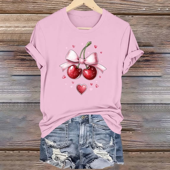PNTUTB Fashion Versatile Women's Valentine's Day Print Casual Crew Neck Short Sleeve Comfort Loose T Shirt
