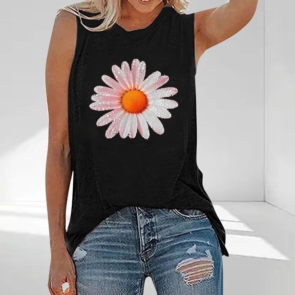 PNTUTB Fashion Women Round Neck Basic Comfortable Tees Sleeveless Printed Casual Summer Loose Tank Tops