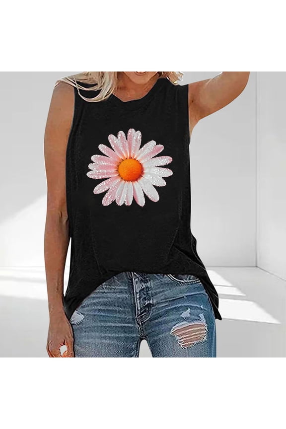 Fashion Women Round Neck Basic Comfortable Tees Sleeveless Printed Casual Summer Loose Tank Tops