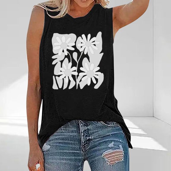 PNTUTB Fashion Women Round Neck Sleeveless Printed Basic Comfortable Tees Casual Summer Loose Tank Tops