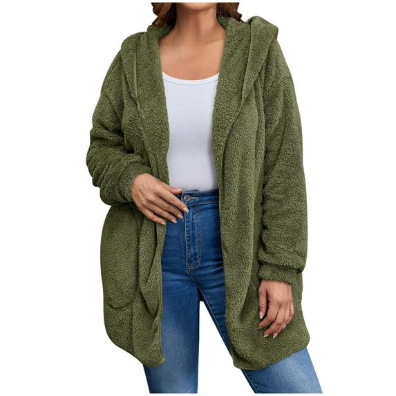 PNTUTB Fashion Women's Fleece Warm Solid Color Long Sleeve Hooded Casual Comfort Cardigan Coat with Pocket