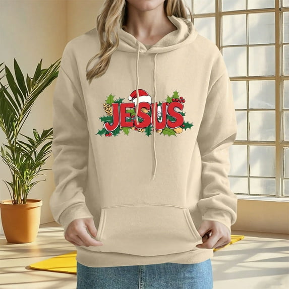 PNTUTB Fashion Women's JESUS Letter Print Hooded Drawstring Pullover Casual Long Sleeve Loose Sweatshirts with Pocket