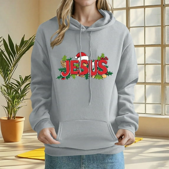 PNTUTB Fashion Women's JESUS Letter Print Hooded Drawstring Pullover Casual Long Sleeve Loose Sweatshirts with Pocket