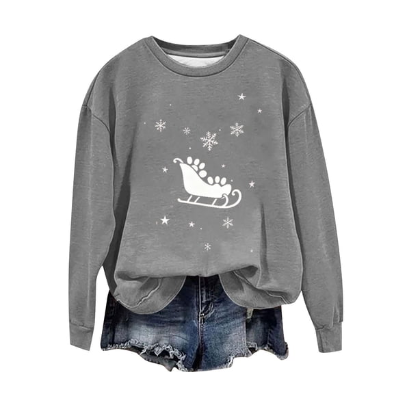 PNTUTB Fashion Women's Long Sleeved Round Neck Christmas Pattern Prints Pullover Hoodless Loose Comfort Sweatshirt