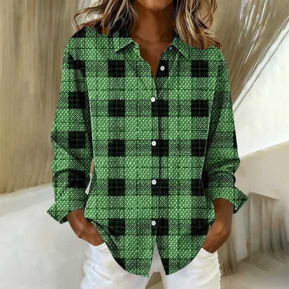 PNTUTB Fashion Women's Retro Checkered Printed Lapel Single-breasted Shirts Long Sleeve Casual Loose Blouses