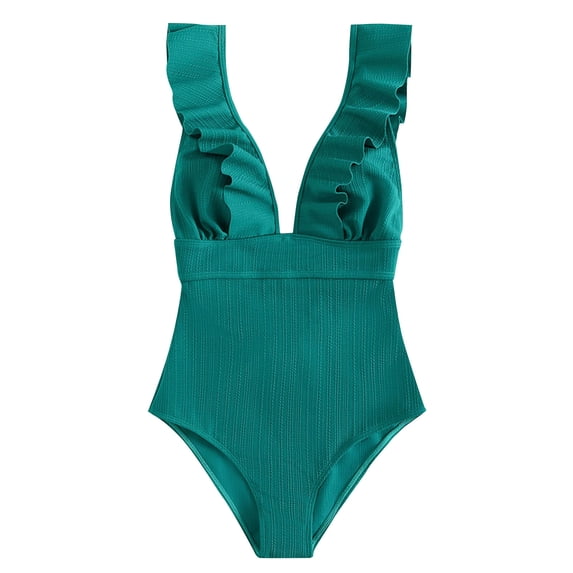 PNTUTB Fashion Women's Solid Color Ruffled Backless Tie Back One Piece Swimsuit with Built-in Padded Cups