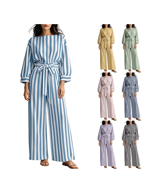 Fashion Women's Striped Two Piece Set Crew Neck Long leeve Top Wide Leg Pants Loose Casual Comfort Daily Trendy Outfit Sets